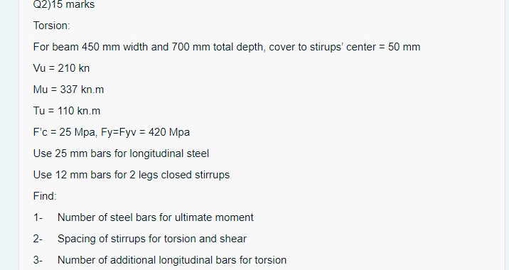 Q 2 ) 1 5 marks Torsion: For beam 4 5 0 mm width