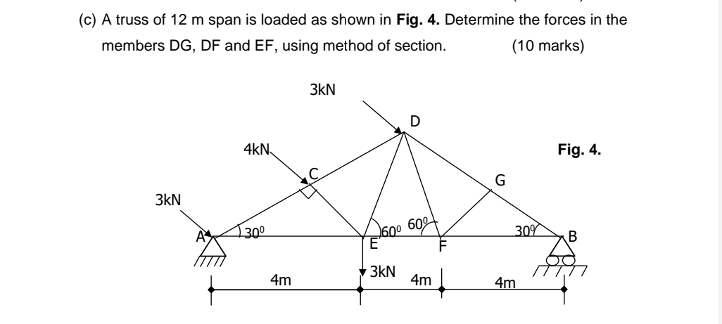 ( c ) A truss of 1 2 m span is loaded as shown in