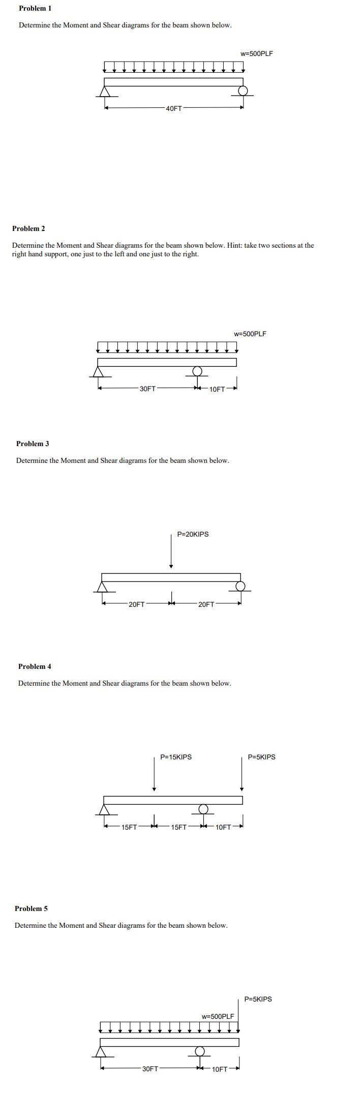 Problem 1 Determine the Moment and Shear diagrams