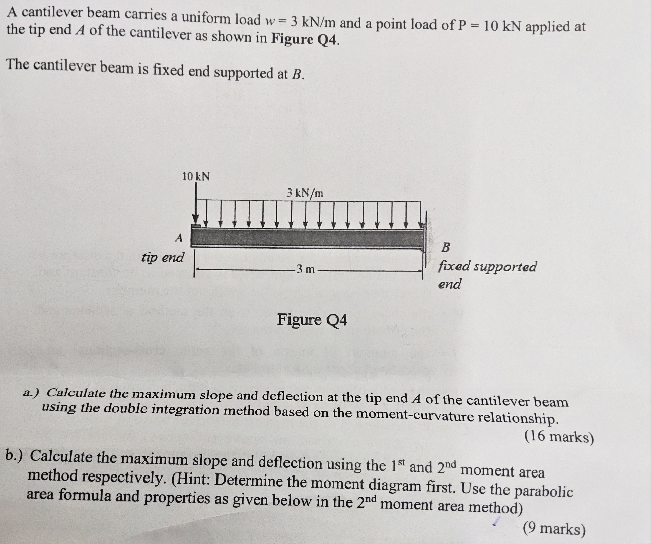 A cantilever beam carries a uniform load w = 3 k