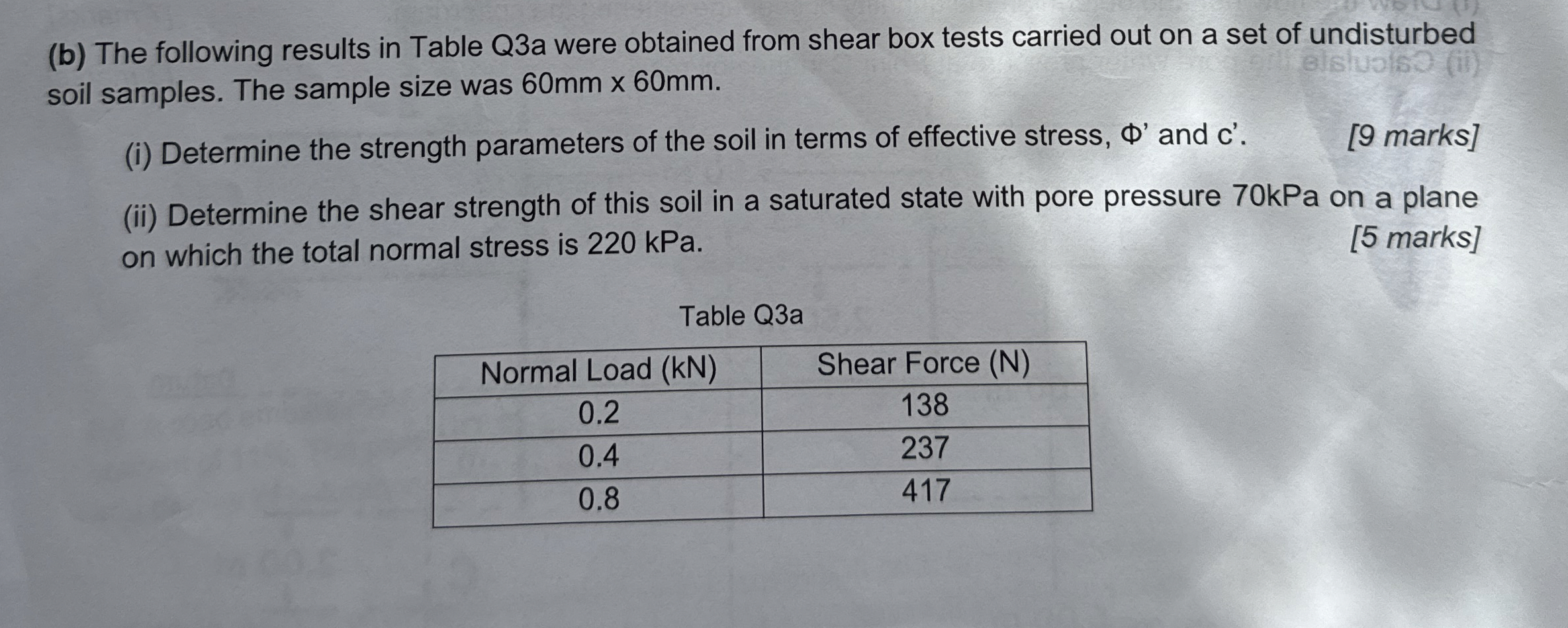 ( b ) The following results in Table Q 3 a were