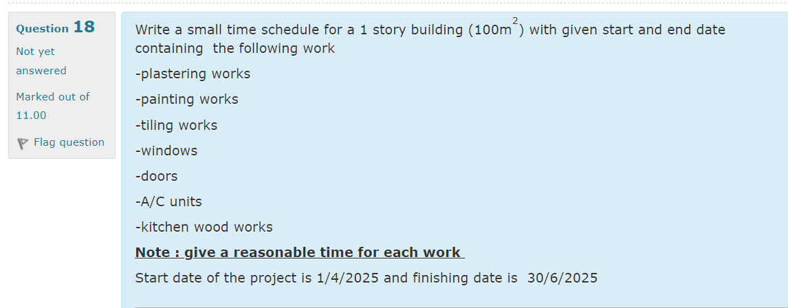 Write a small time schedule for a 1 story