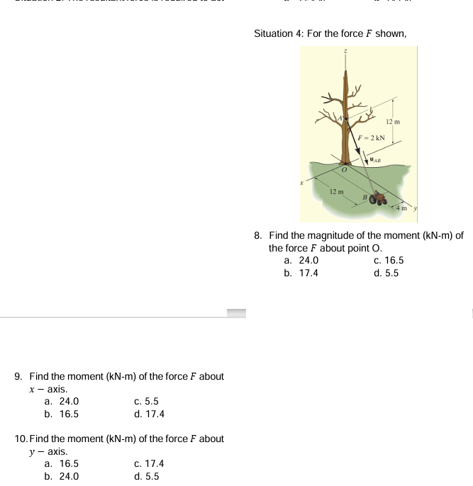 Find the moment ( kN - m ) of the force F about x
