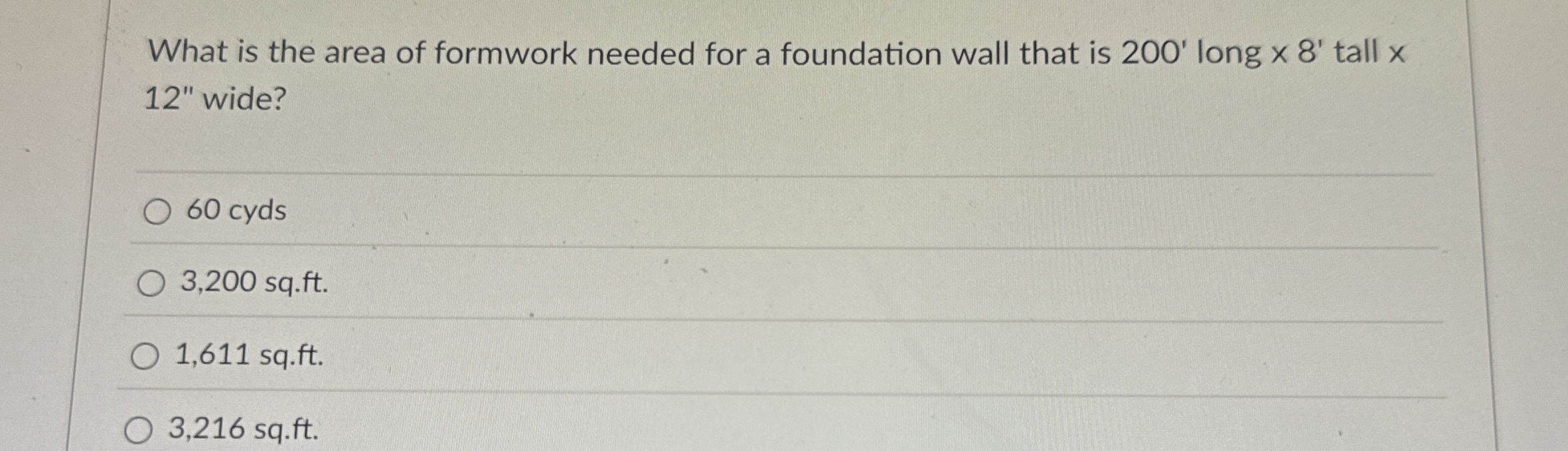 What is the area of formwork needed for a