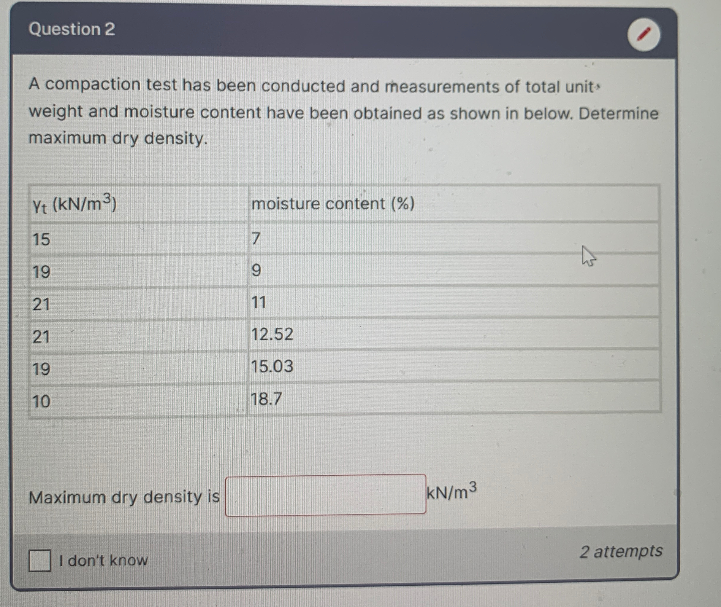Question 2 A compaction test has been conducted