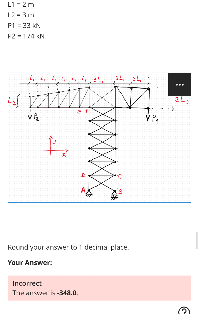 L 1 = 2 m L 2 = 3 m P 1 = 3 3 k N P 2 = 1 7 4 k N