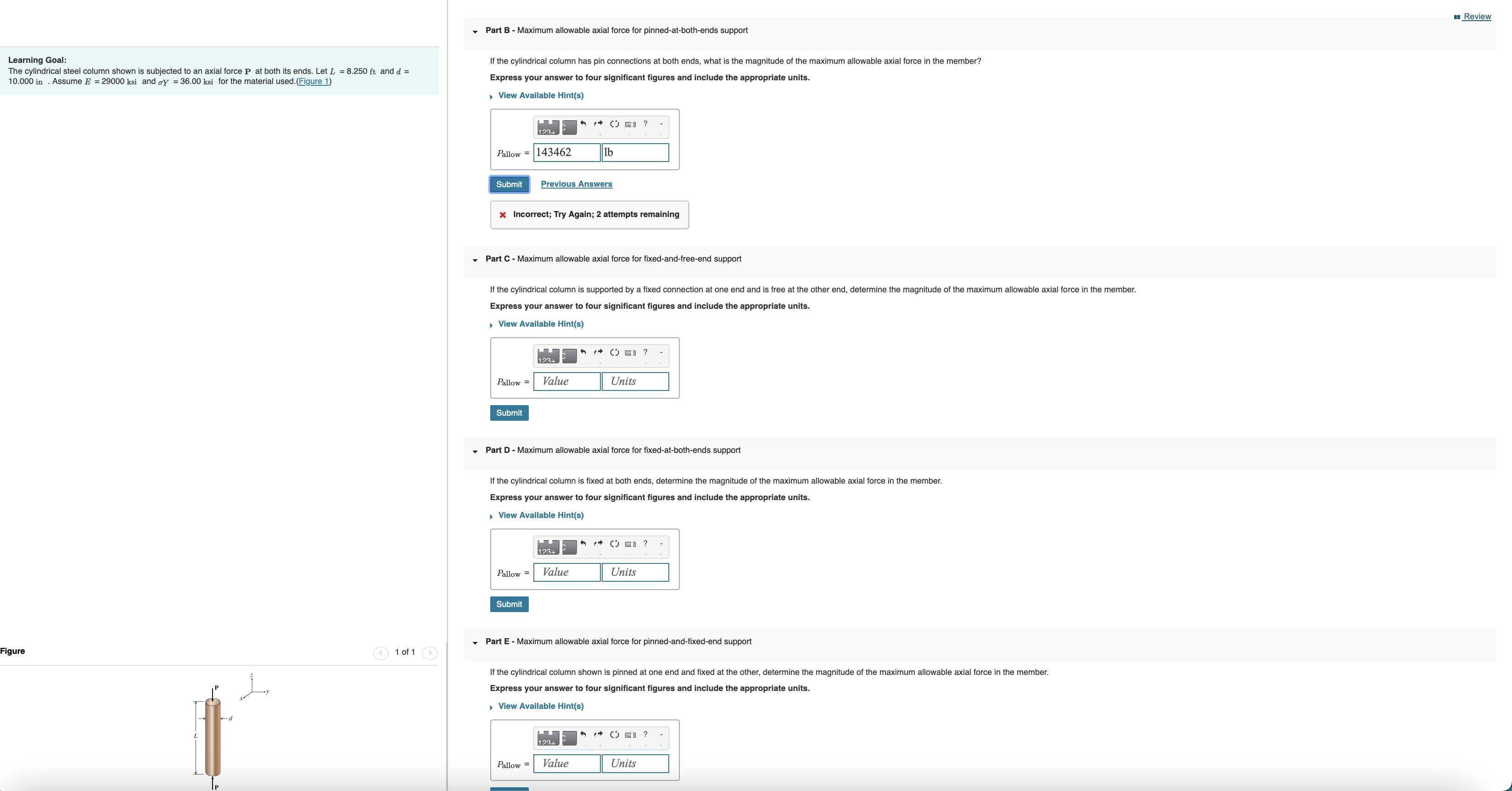 Part B - Maximum allowable axial force for pinned