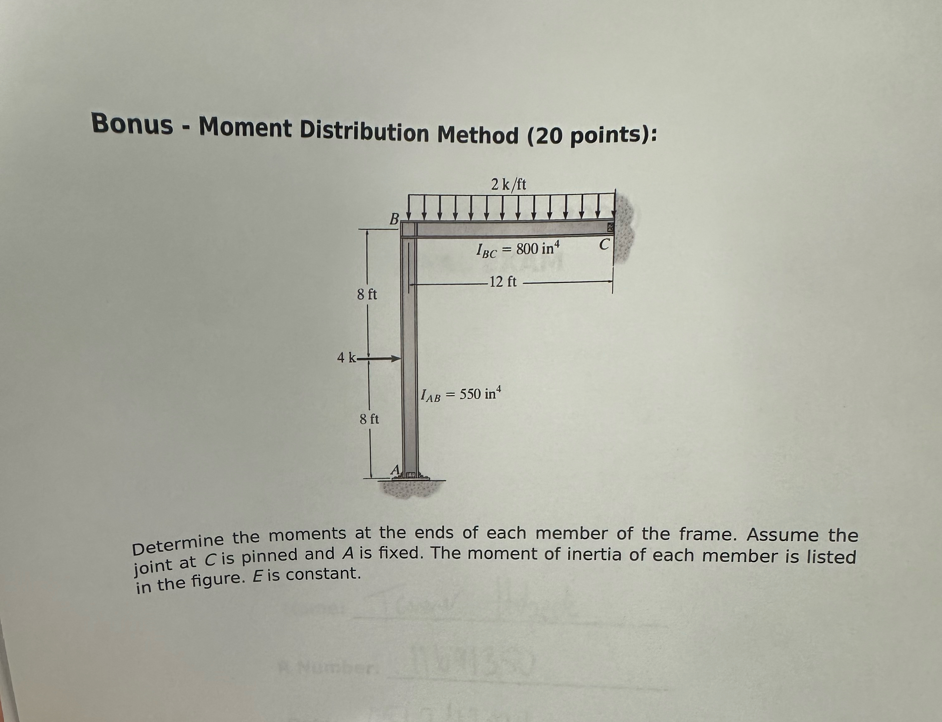Bonus - Moment Distribution Method ( 2 0 points )