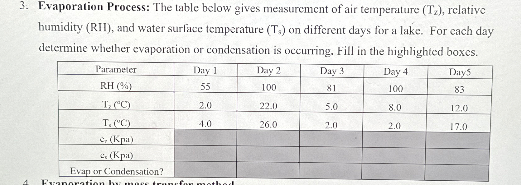 Evaporation Process: The table below gives
