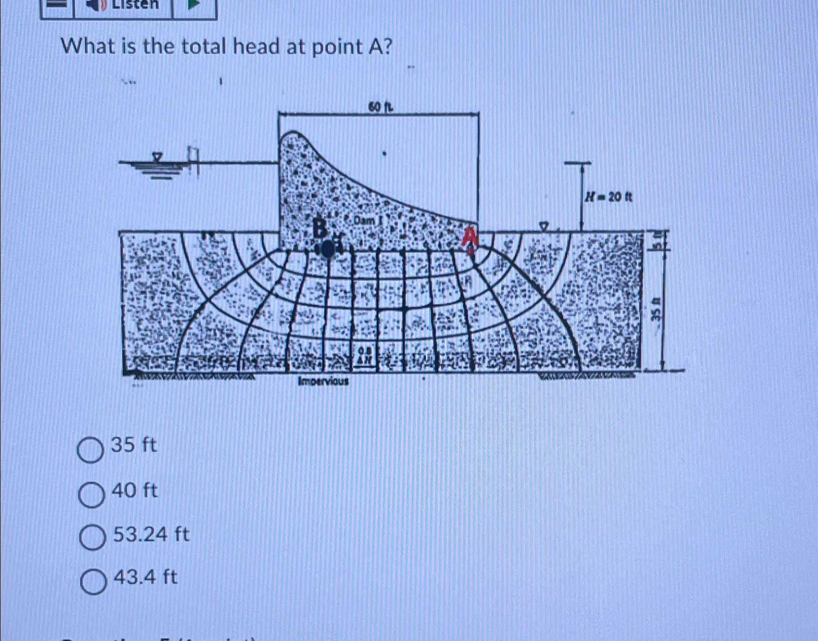 What is the total head at point A ? 3 5 f t 4 0 f