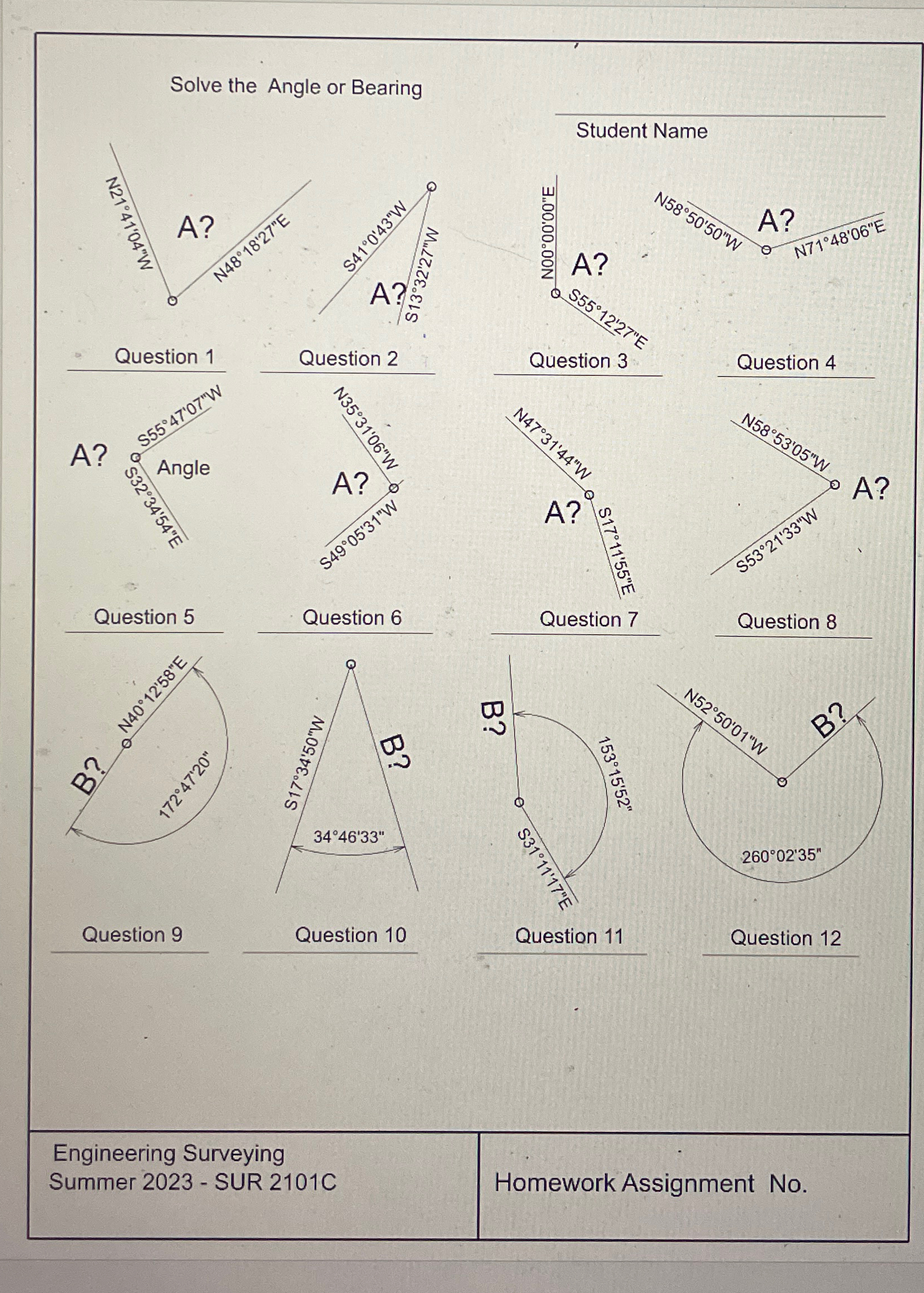 Solve the Angle or Bearing Engineering Surveying