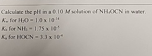 Calculate the p H in a 0 . 1 0 M solution of N H