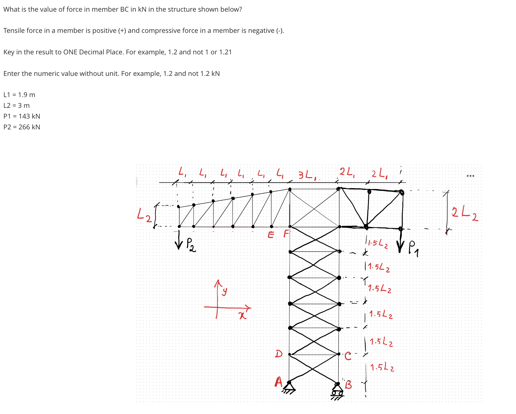 What is the value of force in member B C in k N