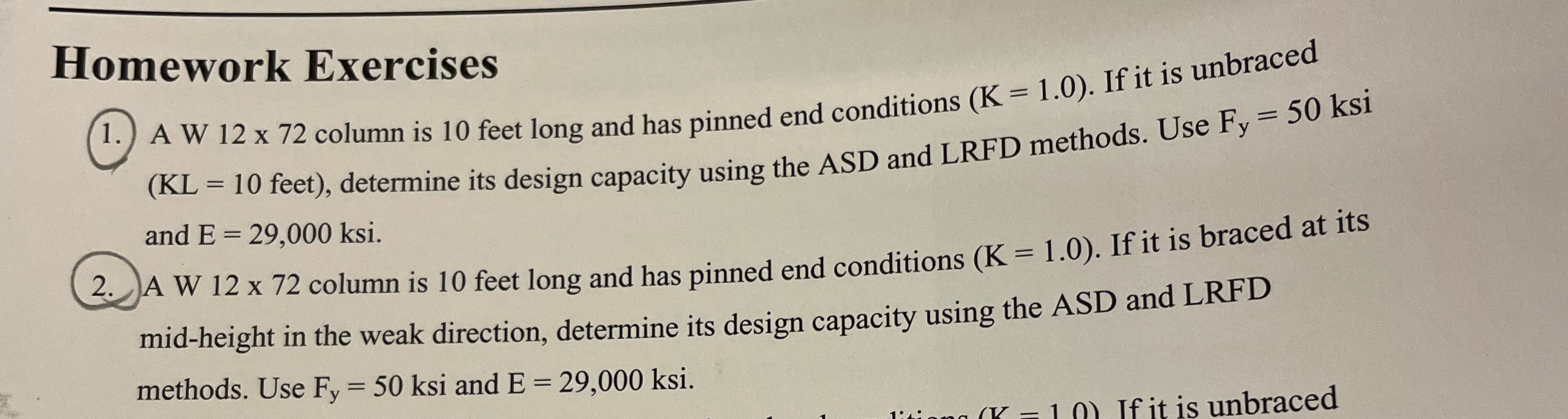 Homework Exercises A W 1 2 7 2 column is 1 0 feet