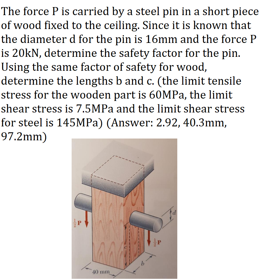 The force P is carried by a steel pin in a short