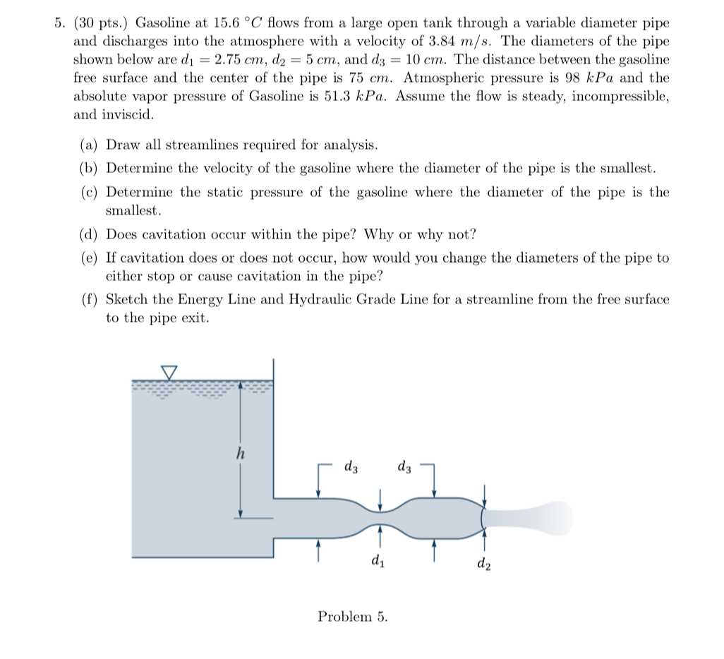 ( 3 0 pts . ) Gasoline at 1 5 . 6 C flows from a