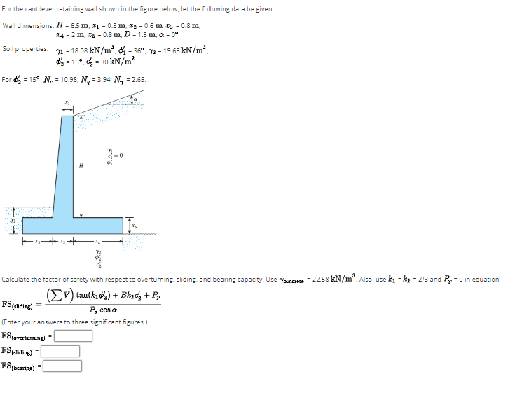 For the cantilever retaining wall shown in the