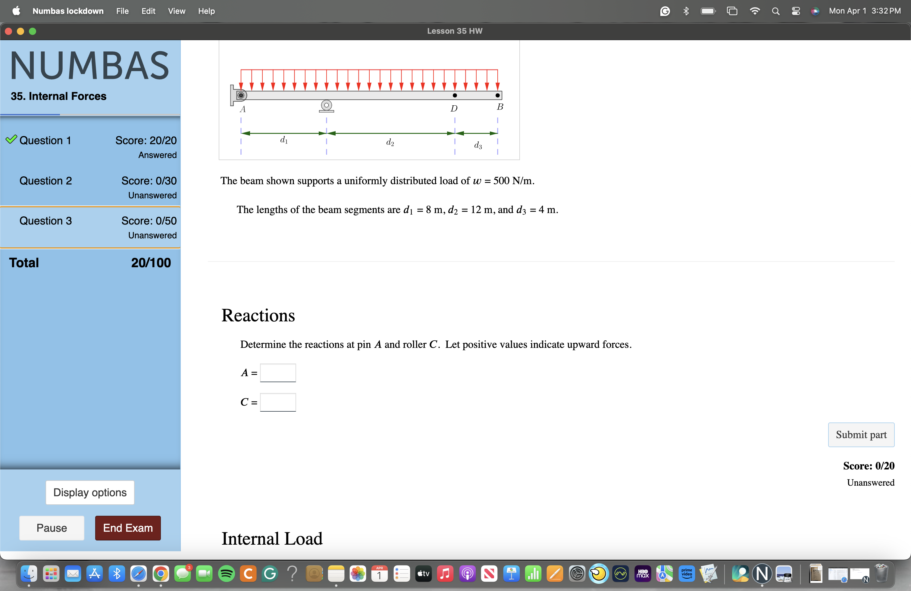Reactions Determine the reactions at pin A and