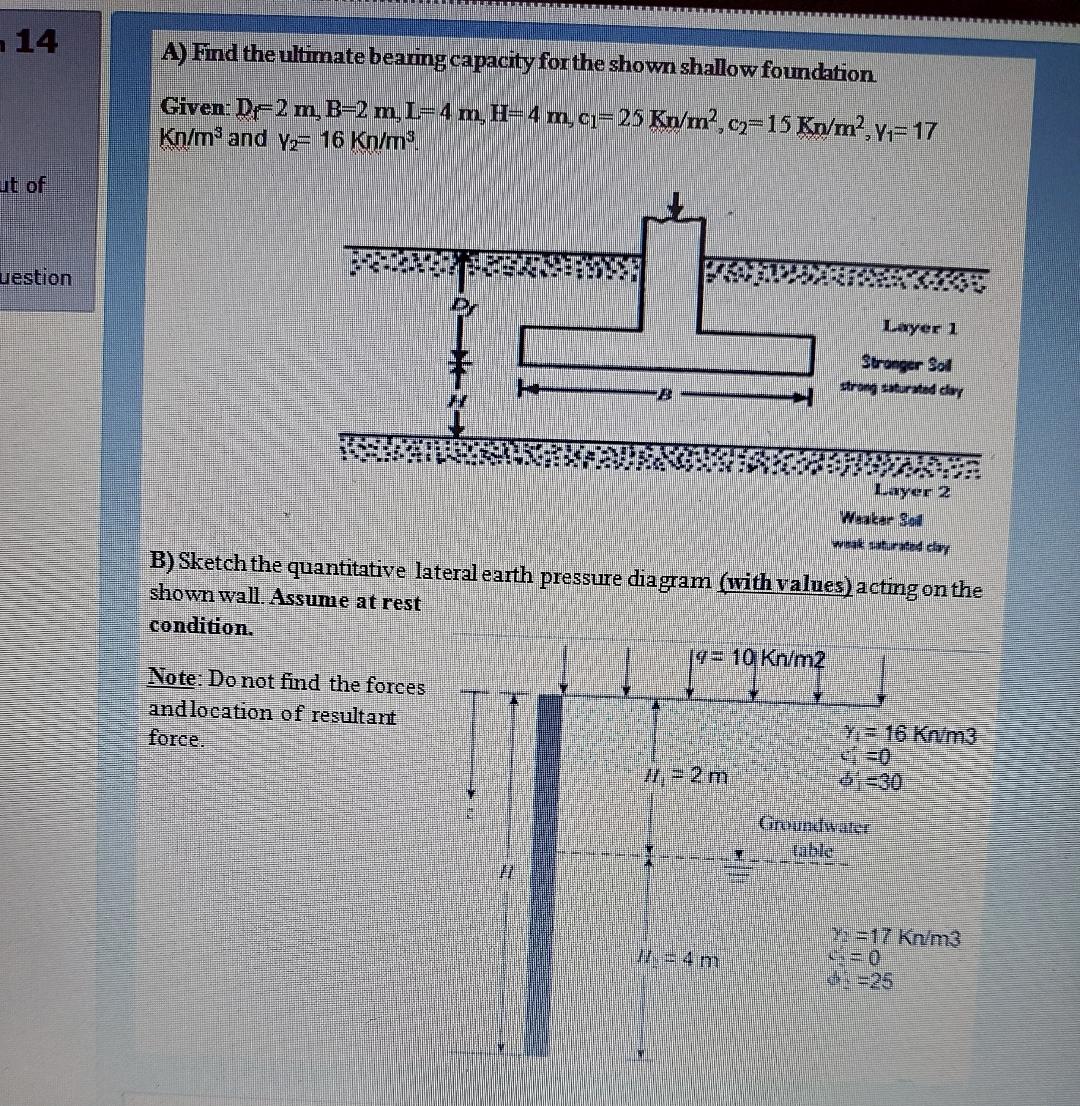 1 4 A ) Find the ultimate bearing capacity for