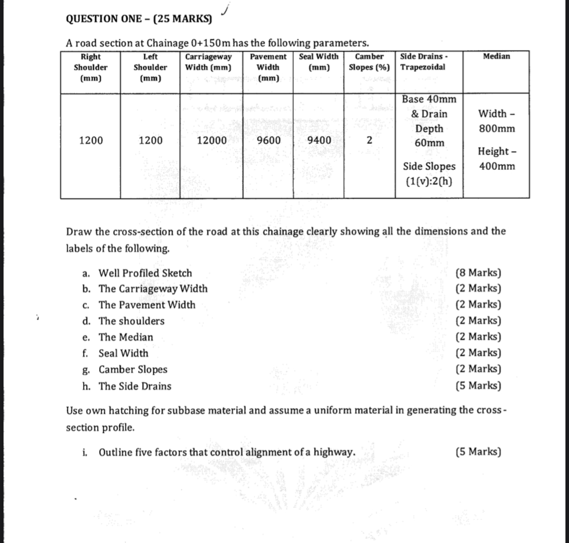 QUESTION ONE - ( 2 5 MARKS ) A road section at