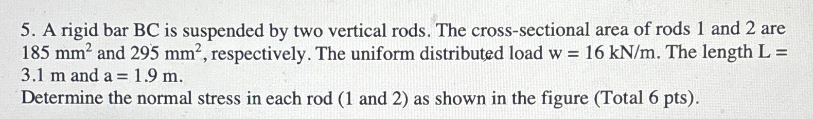 A rigid bar B C is suspended by two vertical