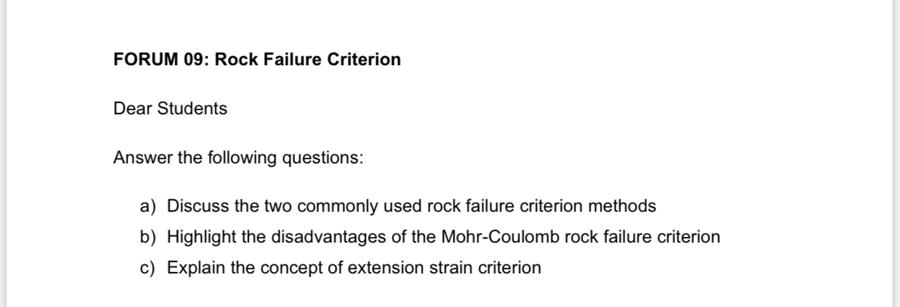 FORUM 0 9 : Rock Failure Criterion Dear Students