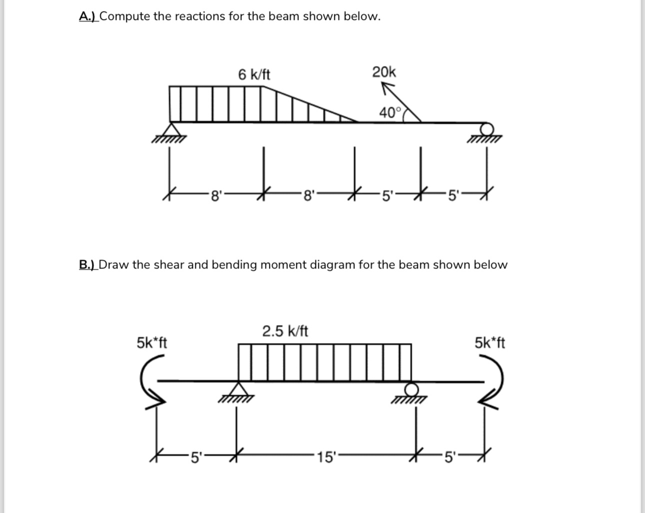 A . ) Compute the reactions for the beam shown