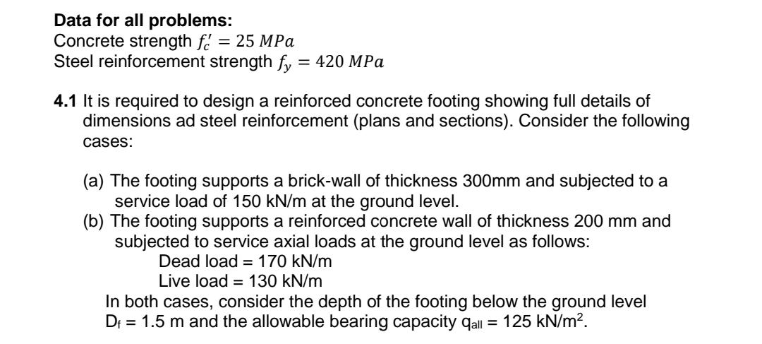 Data for all problems: Concrete strength f c ' =