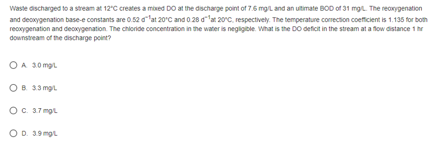 Waste discharged to a stream at 1 2 C creates a