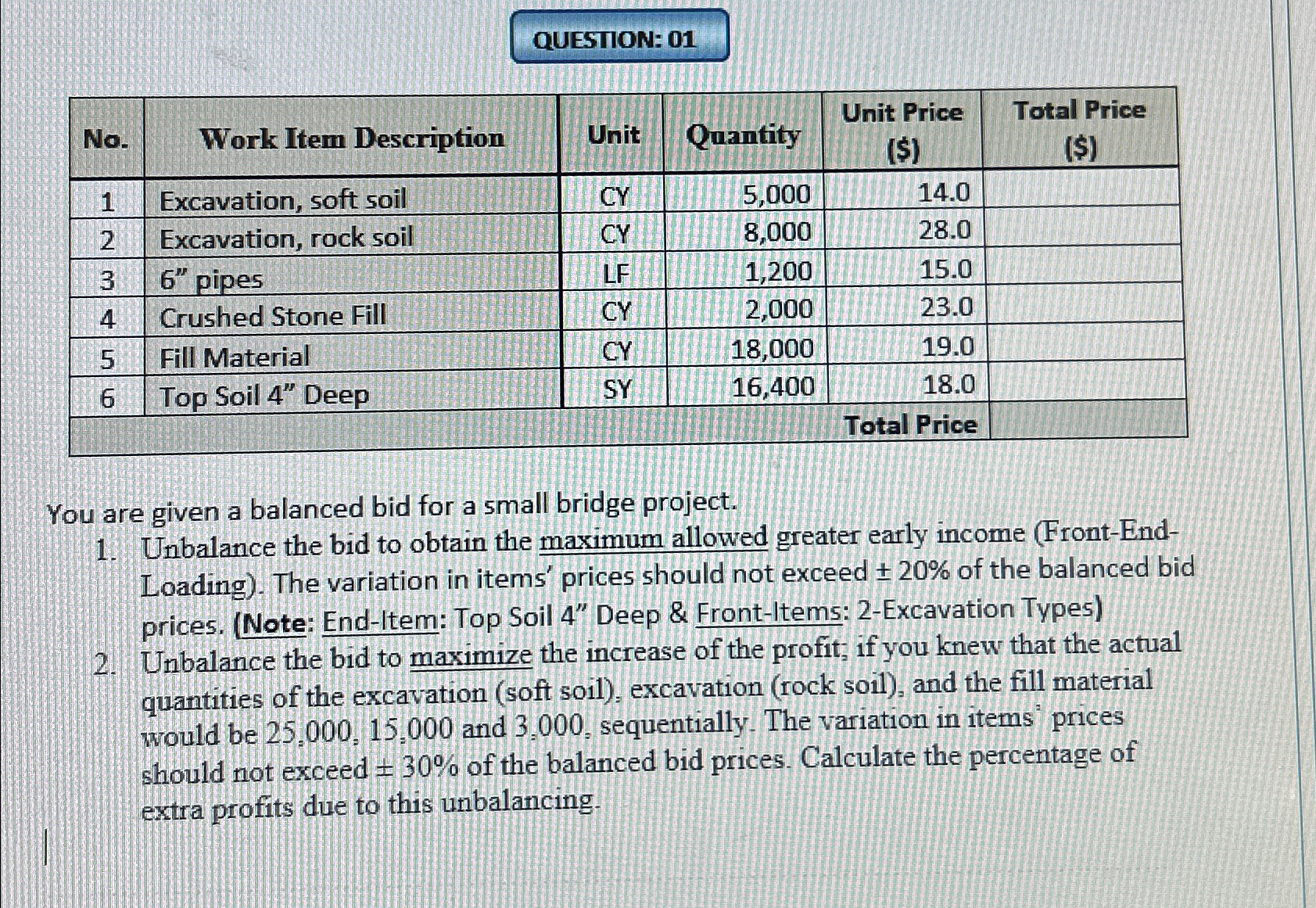 QUESTION: 0 1 \ table [ [ No . , Work Item