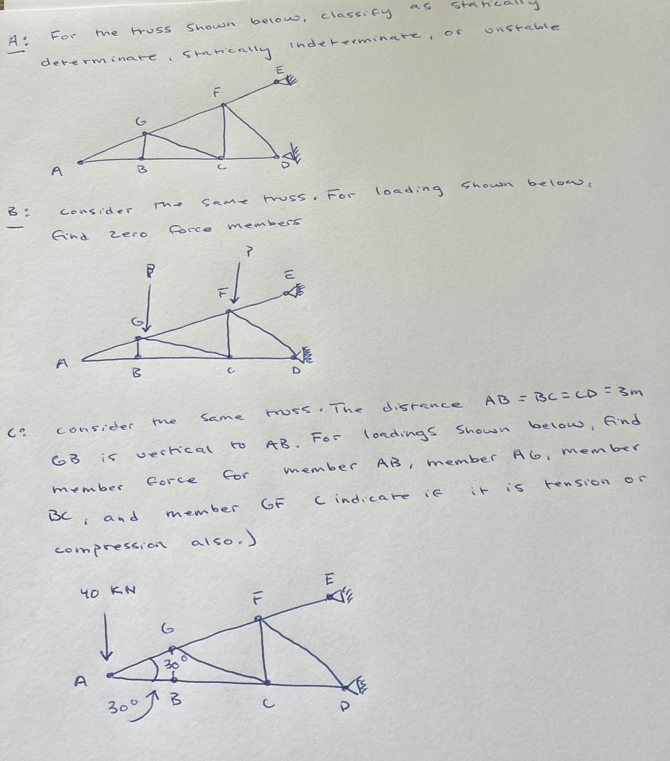 A: For the truss shown below, classify as