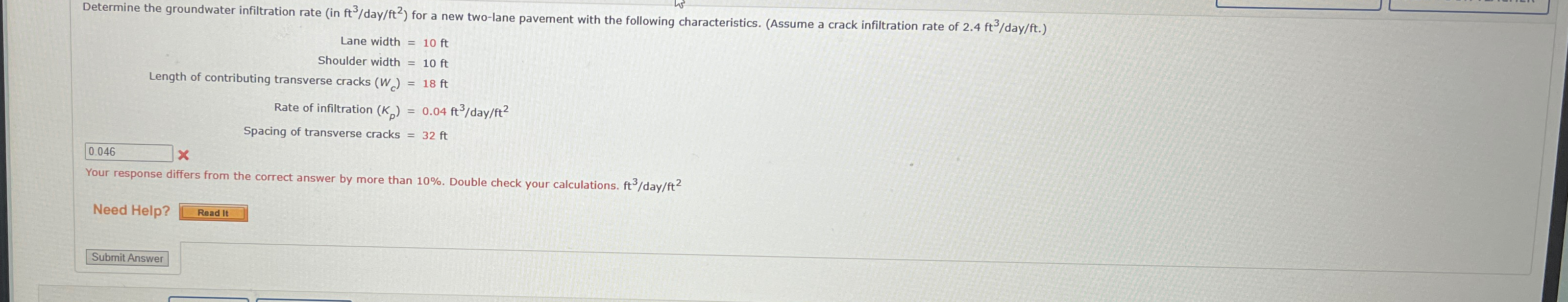 Determine the groundwater infiltration rate ( in
