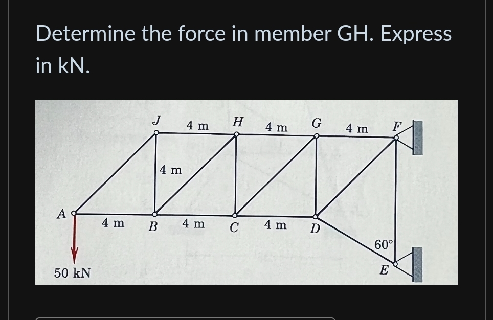 Determine the force in member GH . Express in kN .