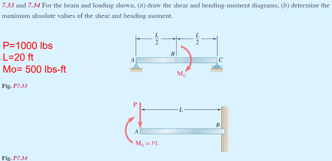 7 . 3 3 and 7 . 3 4 For the beam and loading