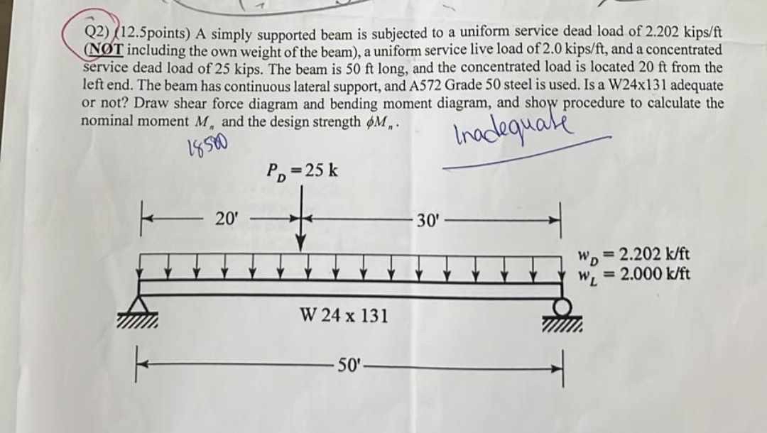 Q 2 ) ( 1 2 . 5 points ) A simply supported beam