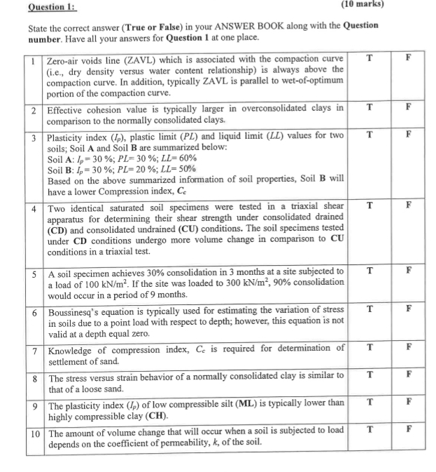 Question l:State the correct answer ( True or