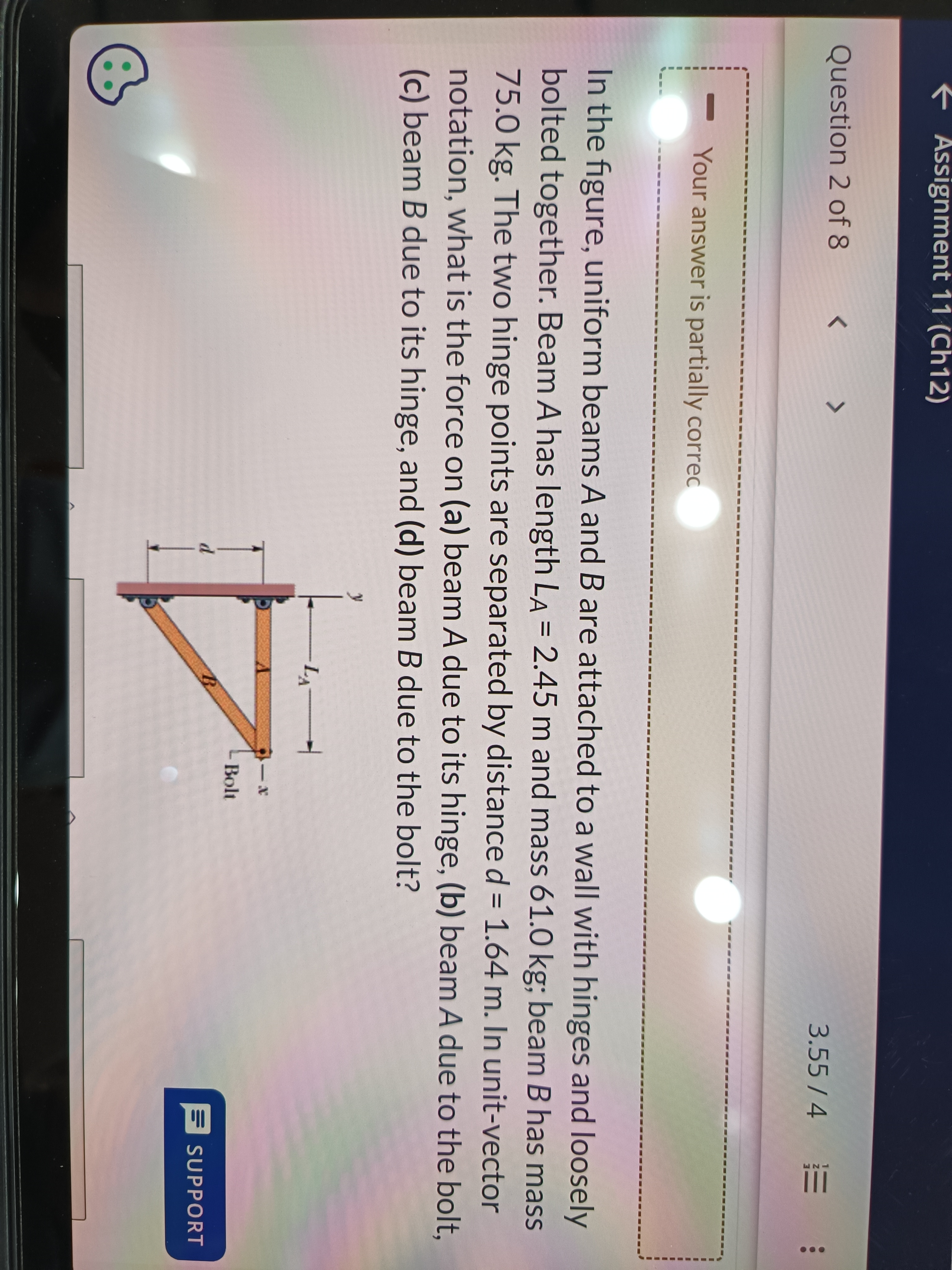 In the figure, uniform beams A and B are attached