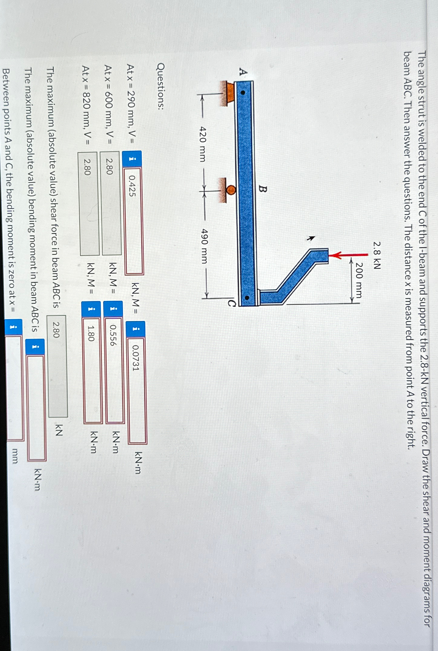 The angle strut is welded to the end C of the I -