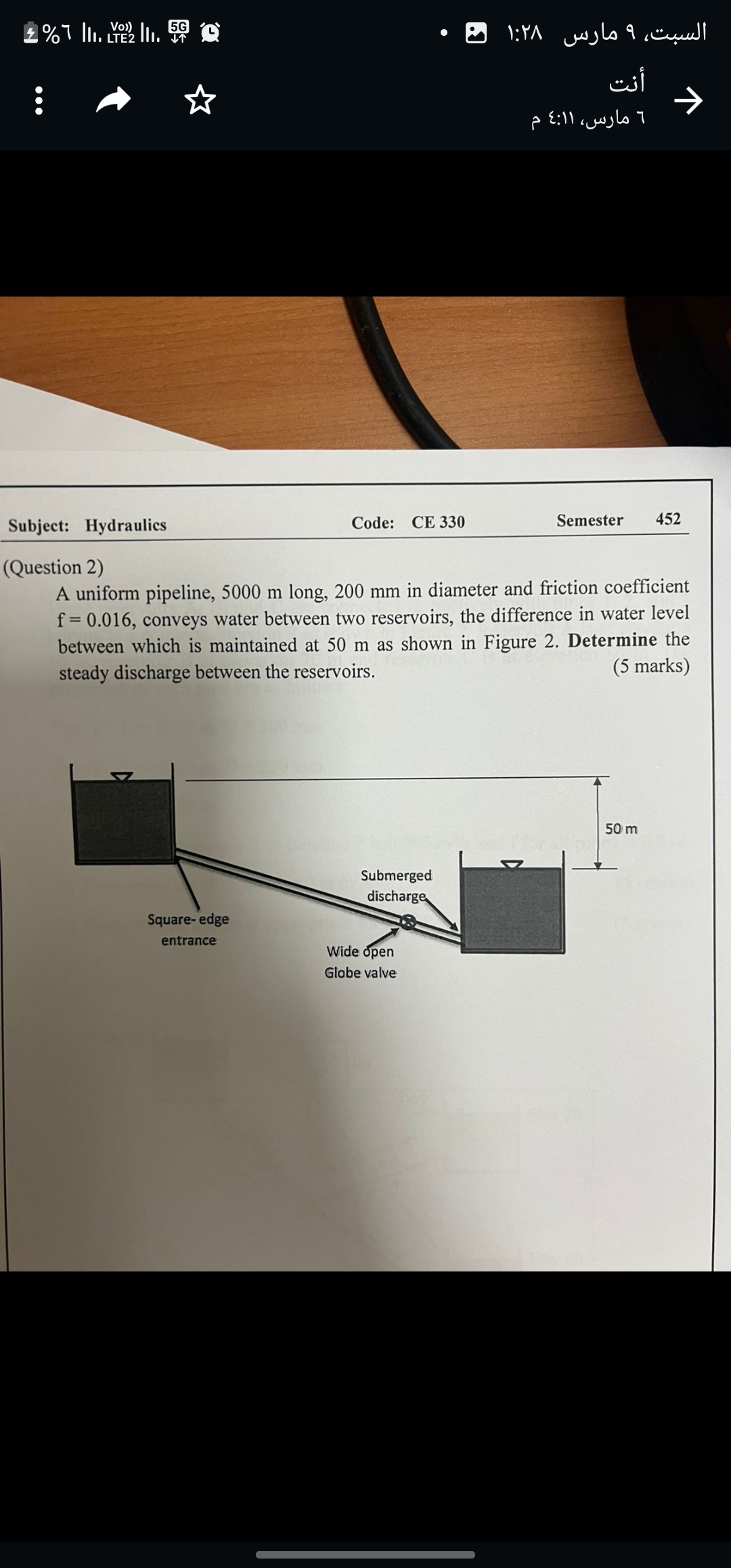 ( Question 2 ) A uniform pipeline, 5 0 0 0 m
