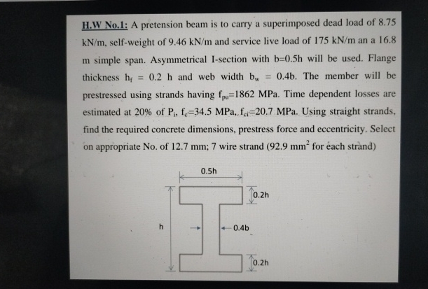 H . W No . 1 : A pretension beam is to carry a