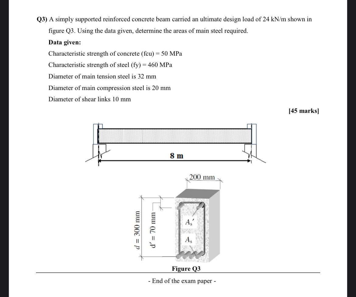 Q 3 ) A simply supported reinforced concrete beam