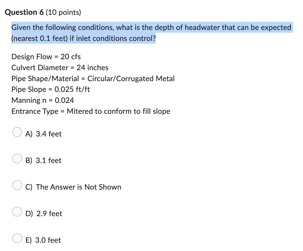 Given the following conditions, what is the depth