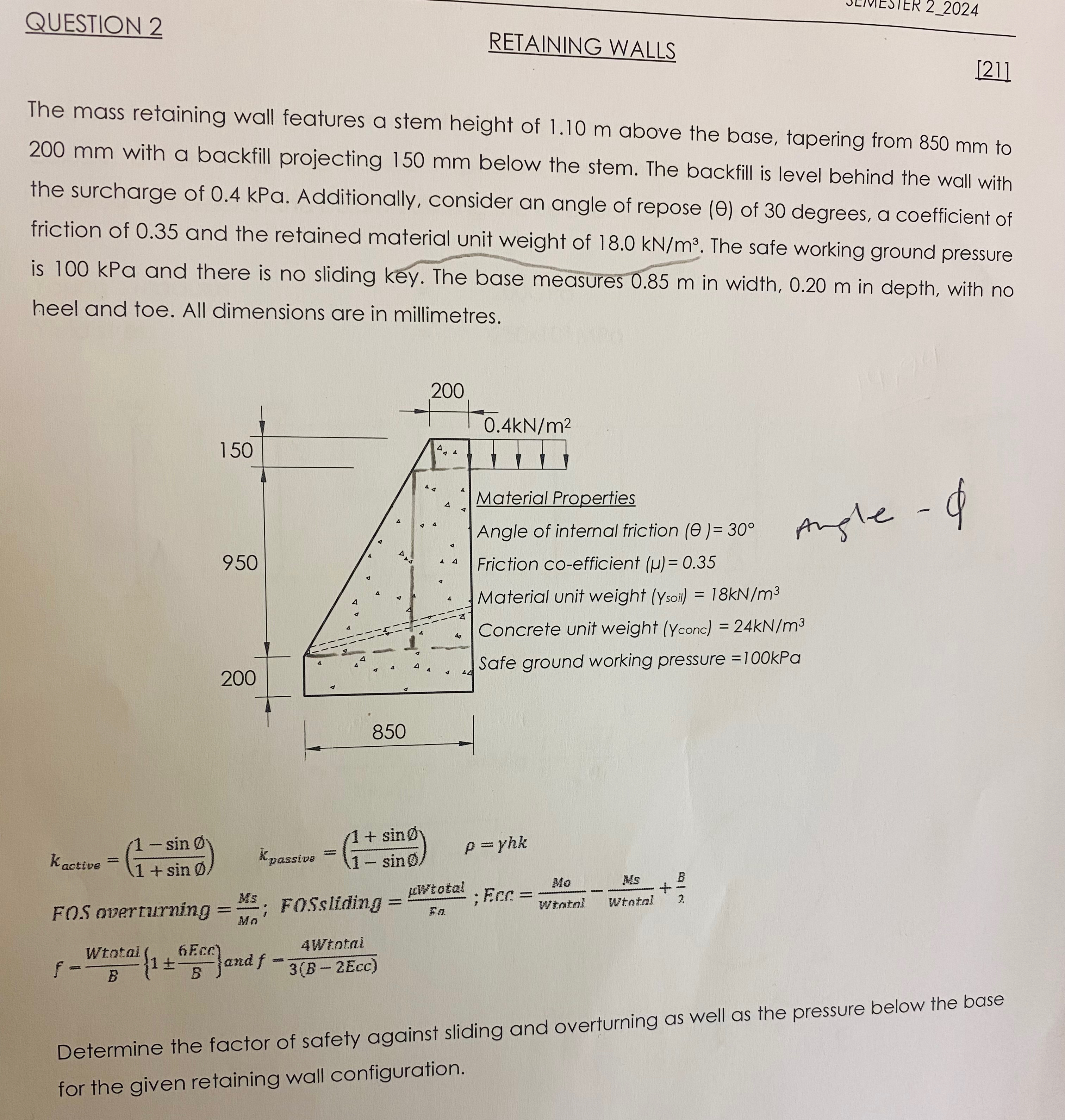 QUESTION 2 RETAINING WALLS [ 2 1 ] The mass