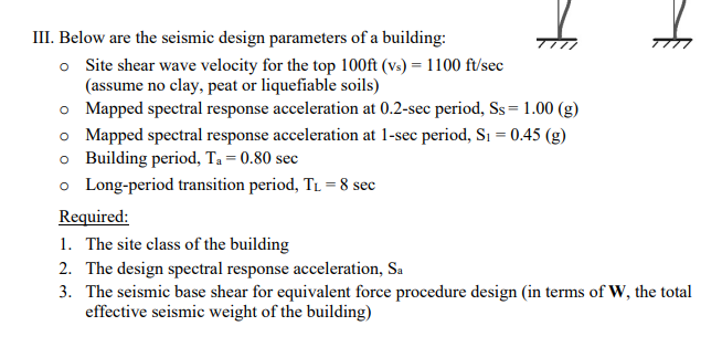 III. Below are the seismic design parameters of a