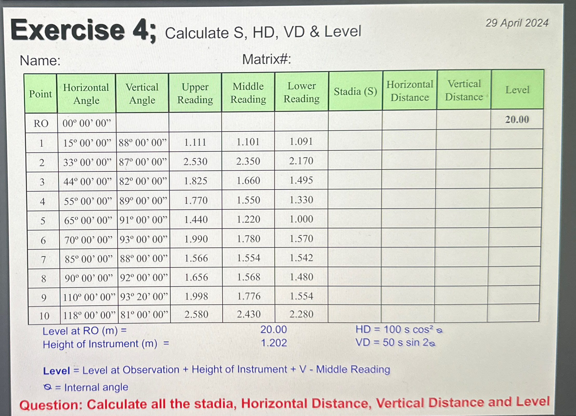Exercise 4 ; Calculate S , HD , VD & Level 2 9