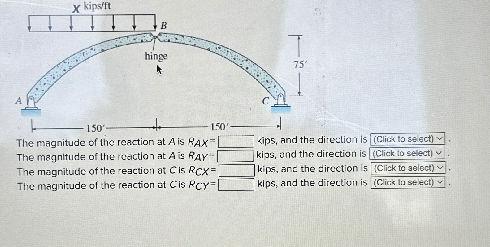 x = 9 kips The magnitude of the reaction at A is