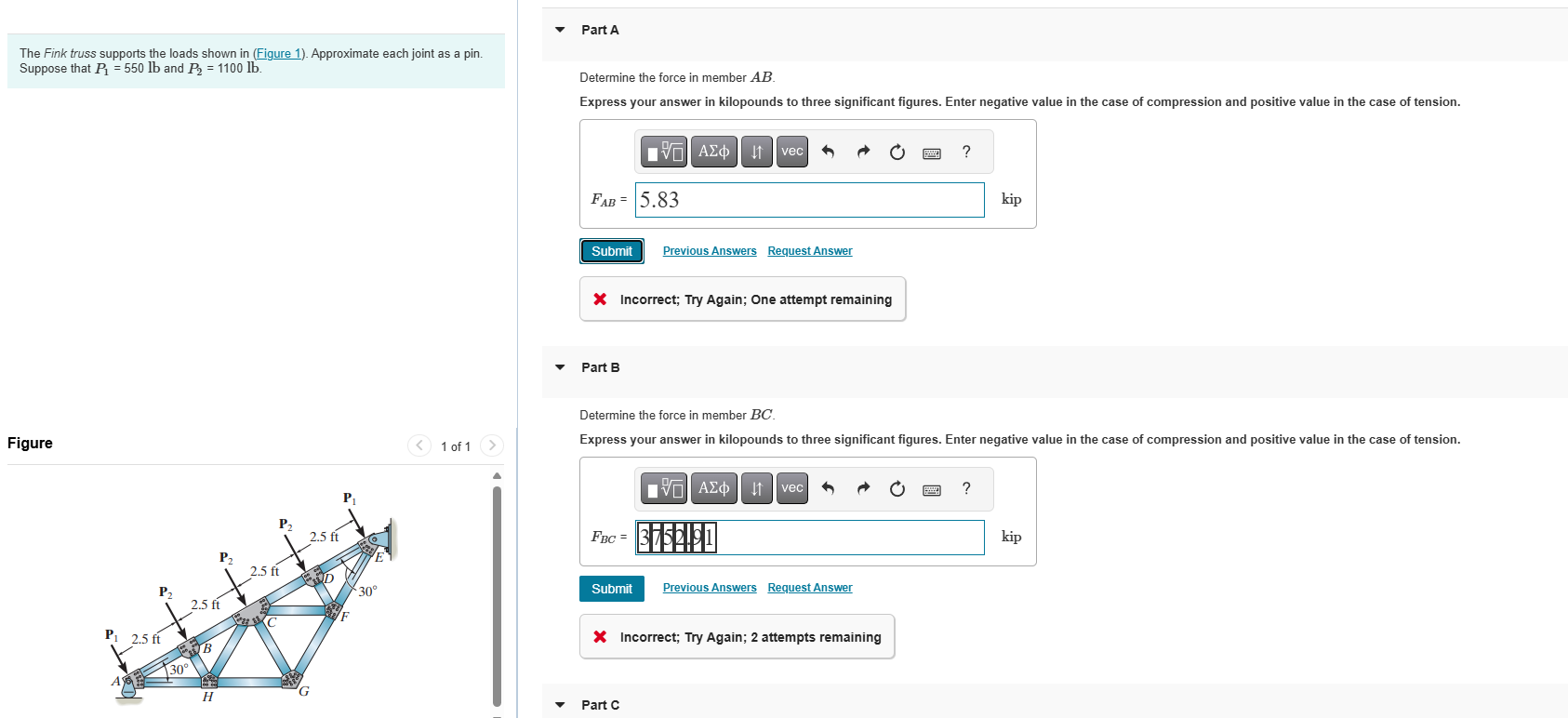 The Fink truss supports the loads shown in (