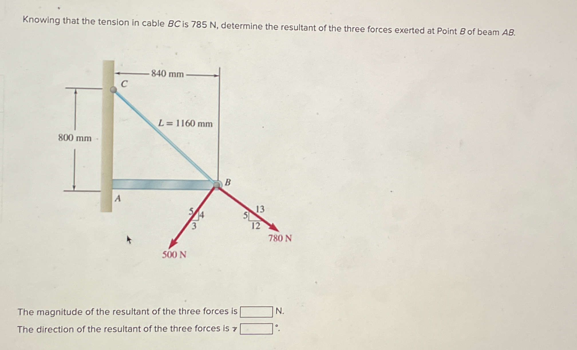 Knowing that the tension in cable B C is 7 8 5 N