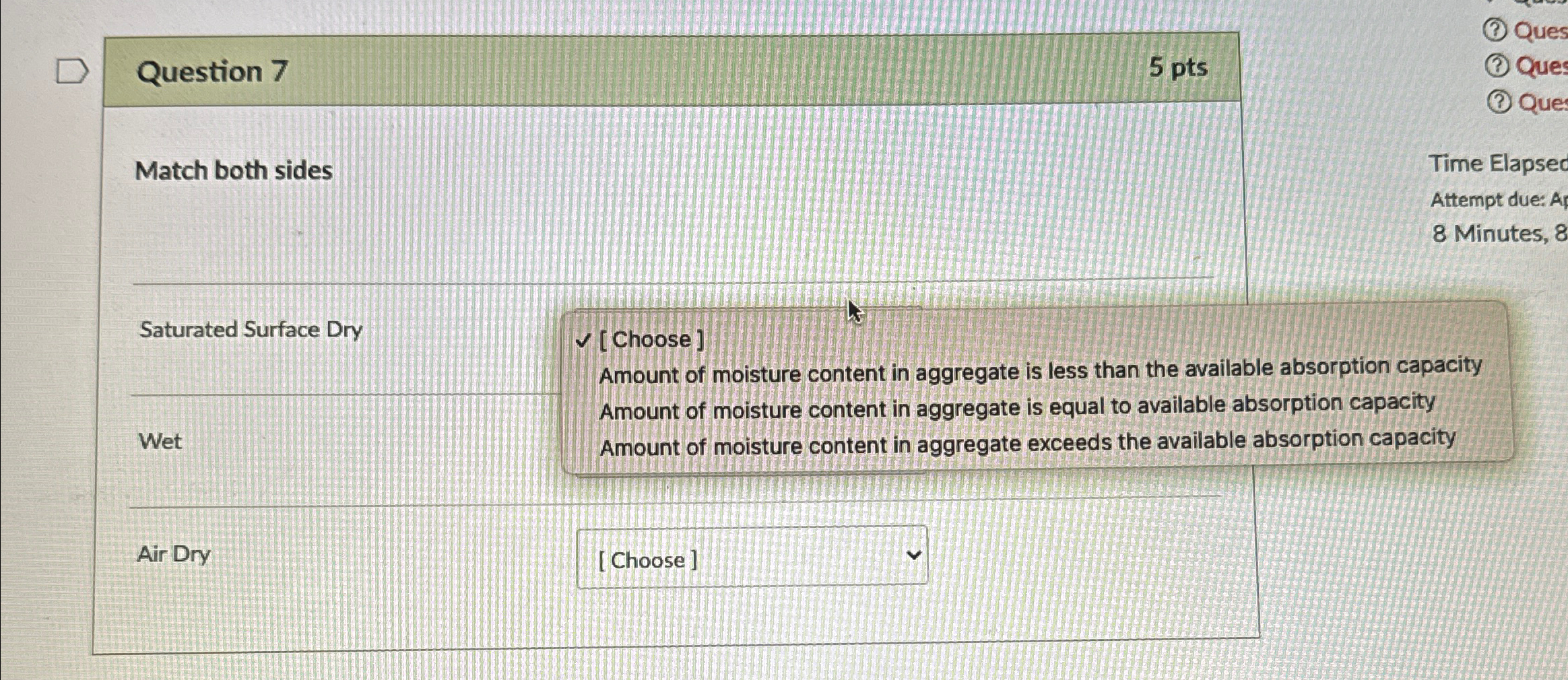 Question 7 5 p t s Match both sides Time Elapsec