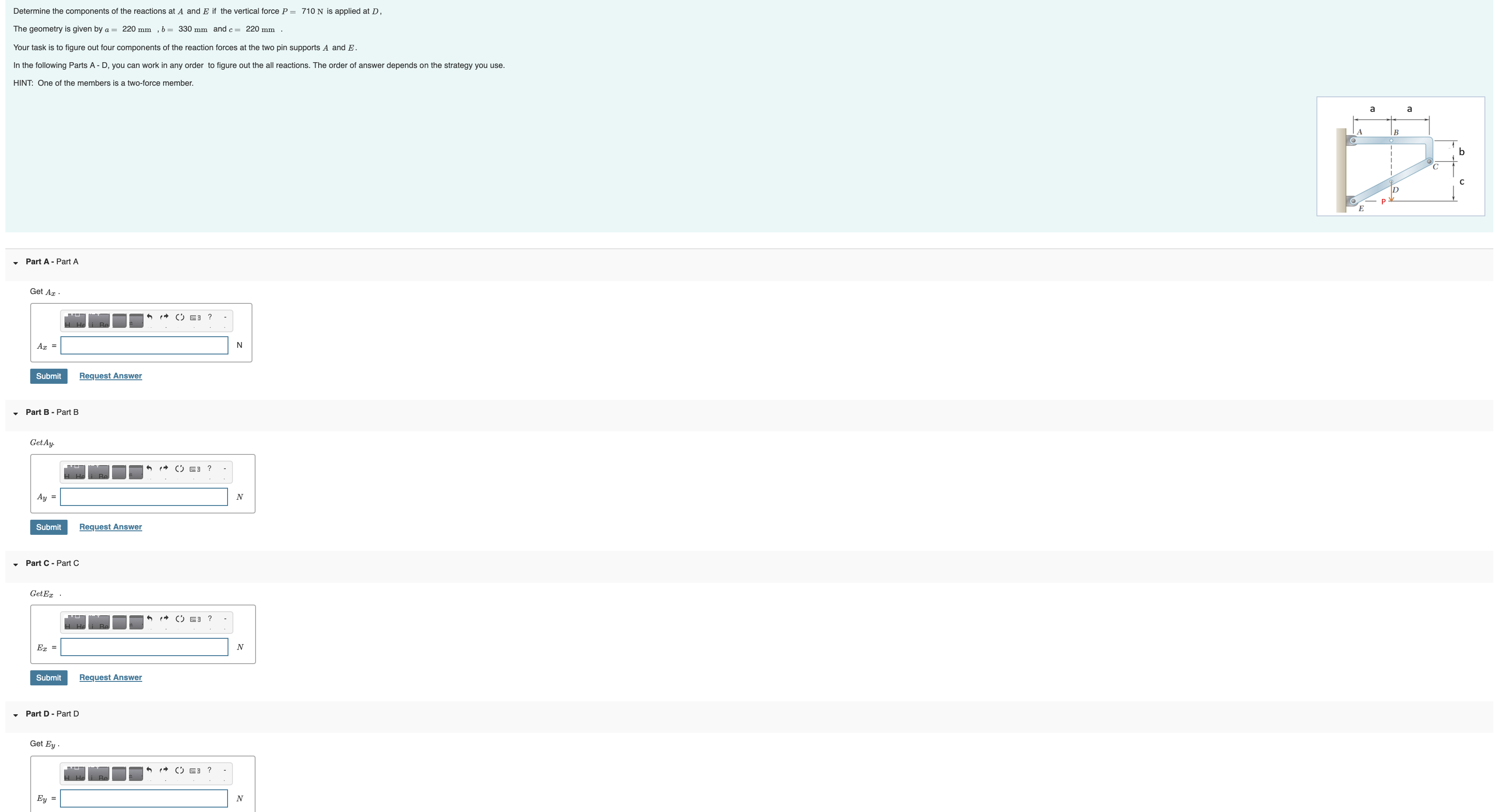 Determine the components of the reactions at A